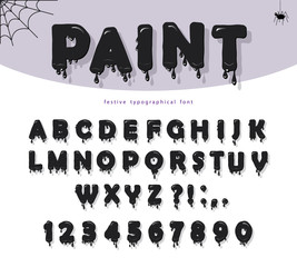 Halloween black paint slimy font. Paper cut out cartoons.