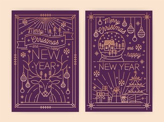 Bundle of vertical Christmas and New Year greeting card, flyer, poster or party invitation templates with holiday wishes and traditional decorations drawn in line art style. Vector illustration.