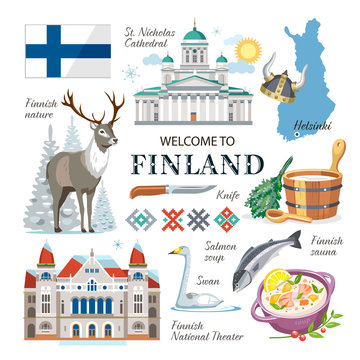travel Finland national traditional vector symbols collection clipart with architecture sights, nature, animals, sauna accessorises, government symbols
