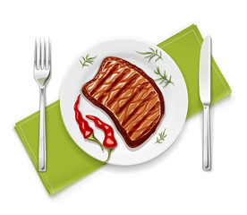 Meat steak at plate with fork and spoon. Realistic grilled meal.