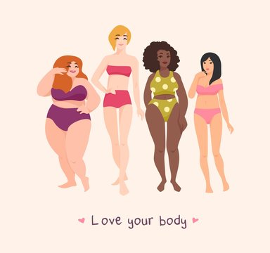 Group of women of different race, height, figure type and size dressed in swimwear and standing together. Female cartoon characters. Body positive movement and beauty diversity. Vector illustration.