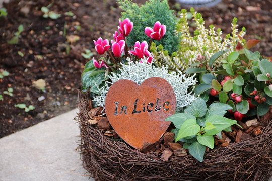 Einpflanzung auf dem Friedhof mit Blumen und Herz - In Liebe