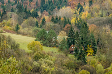 Little traditional cabin in the autumn mountains Europe