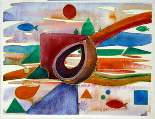 Abstract art paiting with church,fish and sun © denys_kuvaiev