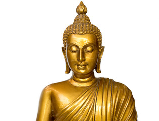 Golden antique buddha statue on the white background (isolated background). The face of the Buddha...