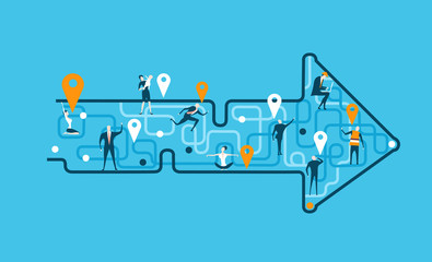 Arrow made of map lines with stop marks and people on that abstract locations, representing different area of life and business career.
Concept illustration. The way we are going
