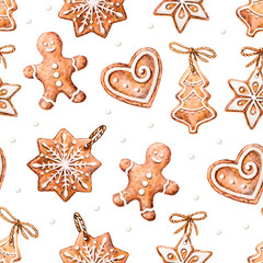 Fototapeta na wymiar Seamless pattern with cute gingerbread cookies for christmas. Isolated on white background. Watercolor illustration.