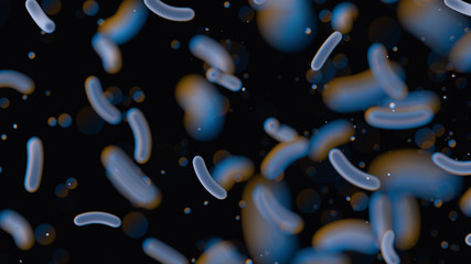 Bacteria under the microscope. Escherichia. E. coli. Black background with blurred particles. Close...