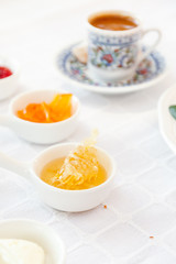 Coffee, Honey, Jam.   Authentic turkish breakfast. Local cuisine concept