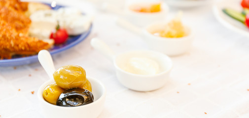 Honey, Jam, Olives, Simit. Authentic turkish breakfast. Local cuisine concept