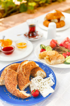 Turkish tea, Cheese, Honey, Jam,  Simit. Authentic turkish breakfast. Local cuisine concept