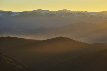 autumn evening in the Carpathian mountains. scenic slope at sunset