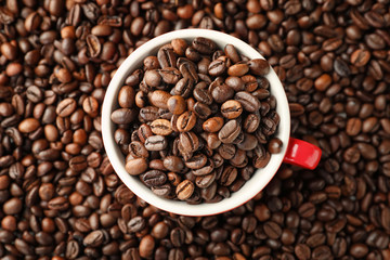 Cup on roasted coffee beans