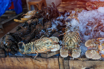 Diverse lobster on the market near the sea, the ocean. Old stalls with fresh marine living crayfish. Asia culture and traditions. Stock photos