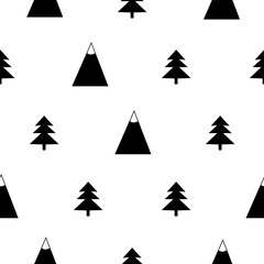 Seamless pattern with black firs and mountains on the white background.