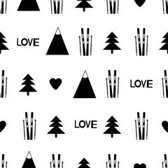 Seamless pattern with black skis, mountains, words love, hearts and fir tree on the white background.