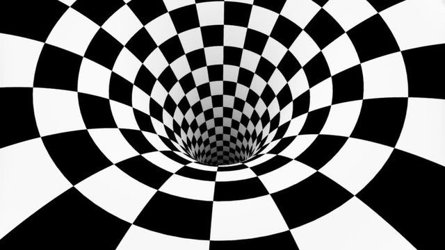Animated hypnotic tunnel with white and black squares. Striped optical illusion three dimensional geometrical wormhole shape pattern motion graphics. Optical illusion created by zoom in of black