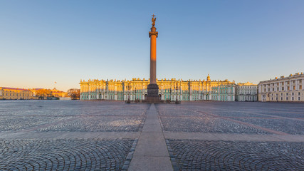 Palace square with Winter Palace, Hermitage museum and Alexander Column at morning in Saint Petersburg, St. Petersburg, Russia.