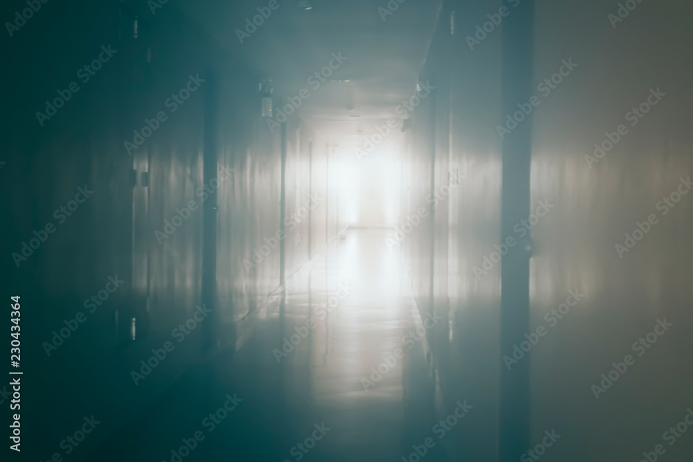 Aufkleber Abstract dark night blurred path way with light from open door at final way background for backdrop design