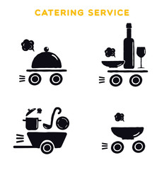 Catering service. Set of black logo on white background. Illustration of cooking utensils.