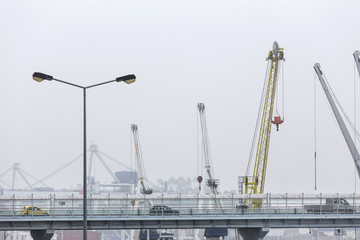 an container port in fog background