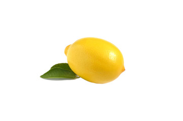 bright yellow lemon and lemon leaf on white isolate background