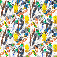 Watercolor seamless pattern. Hand painted texture with various multicolor bird feathers.