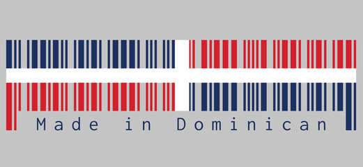 Barcode set the color of Dominican flag, A white cross into four rectangles, blue and red at the top and red and blue at the bottom. text: Made in Dominican, concept of sale or business.