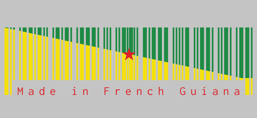 Barcode set the color of French Guiana flag, The green and yellow with red star. text: Made in French Guiana, concept of sale or business.