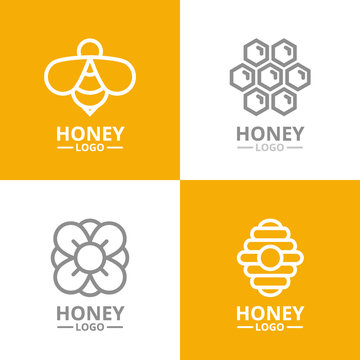 Set of retro vintage honey and bee, flower, honeycomb, hive logo or insignia, emblems, labels and badge.