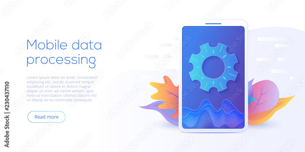 Sticker mobile data processing technology in isometric vector illustration. information storage and analysis