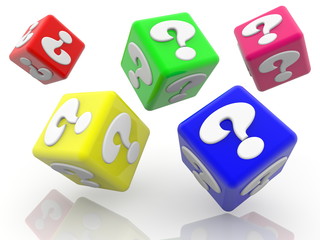 Rolling colorful cubes with question mark concept on white