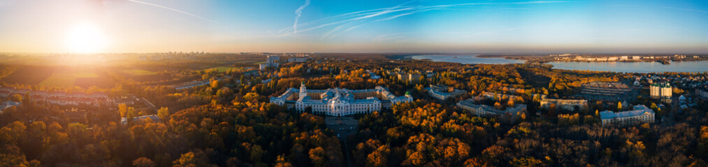 Aerial panoramic view of Voronezh in autumn evening from height of drone flight