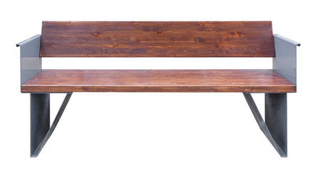 Brown wooden bench with metal armrests and legs, isolated on a white background