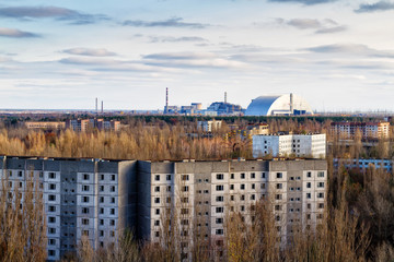 View from roof of 16-storied apartment house in Pripyat town, Chernobyl Nuclear Power Plant Zone of...