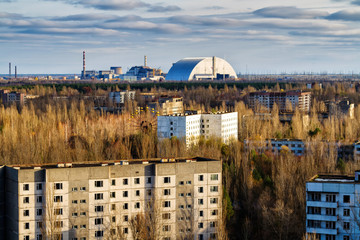 View from roof of 16-storied apartment house in Pripyat town, Chernobyl Nuclear Power Plant Zone of...