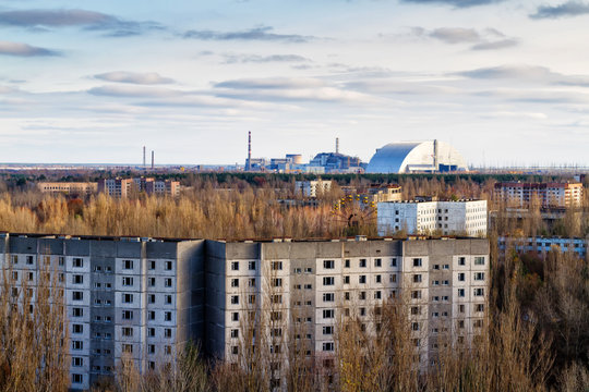 View from roof of 16-storied apartment house in Pripyat town, Chernobyl Nuclear Power Plant Zone of Alienation, Ukraine