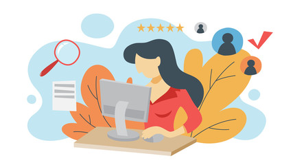 Woman looking at CV profile and make examination.