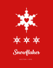 Snowflakes set, romantic heart shape, red and white.