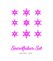 Romantic pink and white snowflakes set. Christmas stars decoration.