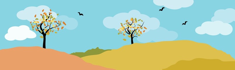 autumn landscape panorama with deciduous tree, meadow, birds and blue sky