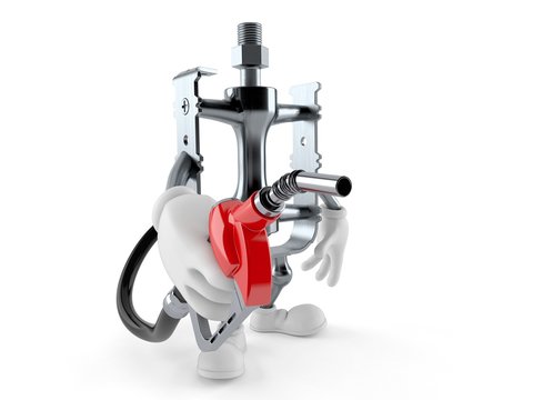Bicycle pedal character holding gasoline nozzle