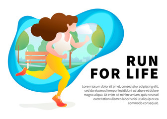 Young pretty girl run on urban park with city skyline on the background, trendy flat concept illustration banner with text on white