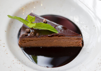 Chocolate cheesecake with chocolate topping and mint on the white plate, close-up