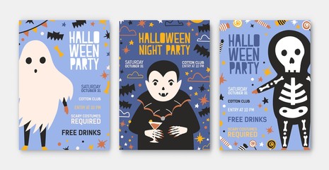 Bundle of Halloween party invitation, flyer or poster templates with cute vampire, skeleton, spooky ghost and place for text. Colored vector illustration in flat cartoon style for holiday celebration.
