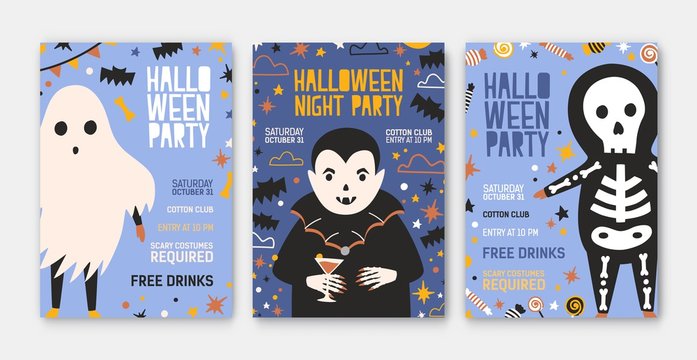 Bundle of Halloween party invitation, flyer or poster templates with cute vampire, skeleton, spooky ghost and place for text. Colored vector illustration in flat cartoon style for holiday celebration.