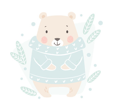Bear baby winter print. Cute animal in warm sweater christmas card.