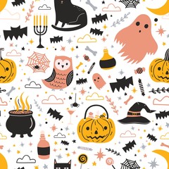 Fototapeta premium Colorful seamless pattern with cute creepy Halloween characters and decorations on white background - ghost, Jack-o'-lantern, candies, magic witch hat and pot with potion. Flat vector illustration.