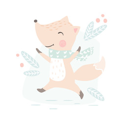 Fox baby winter print. Cute animal run in warm scarf christmas card.
