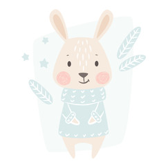 Bunny baby winter print. Cute animal in warm sweater christmas card.